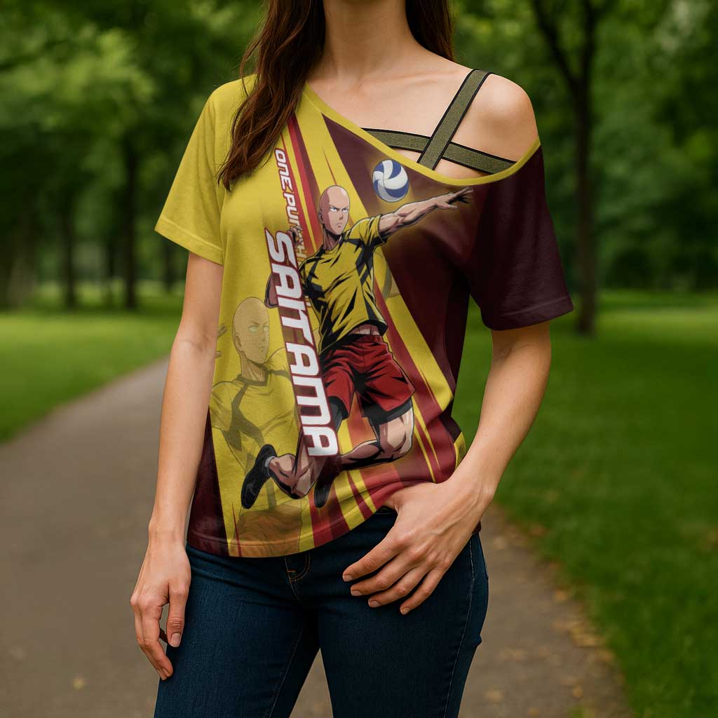 Personalized Saitama Volleyball Design Cross Shoulder Shirt with Yellow and Red Athletic Theme and Powerful Spike Pose