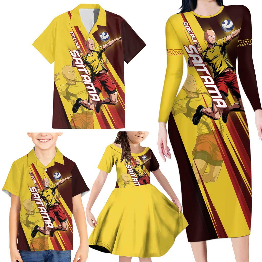 Personalized Saitama Volleyball Design Family Matching Long Sleeve Bodycon Dress and Hawaiian Shirt with Yellow and Red Athletic Theme and Powerful Spike Pose