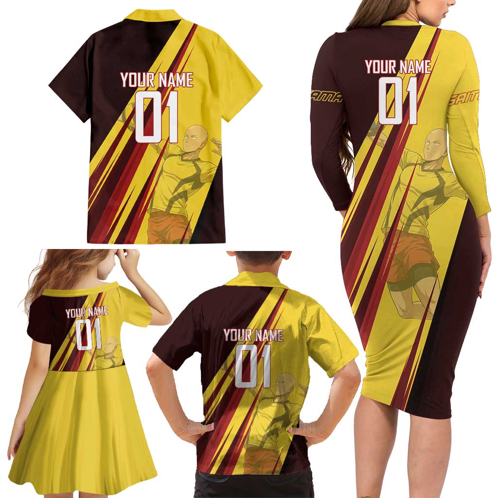 Personalized Saitama Volleyball Design Family Matching Long Sleeve Bodycon Dress and Hawaiian Shirt with Yellow and Red Athletic Theme and Powerful Spike Pose