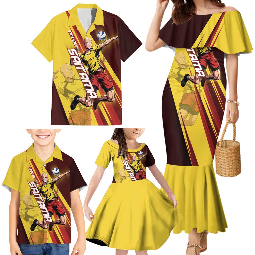 Personalized Saitama Volleyball Design Family Matching Mermaid Dress and Hawaiian Shirt with Yellow and Red Athletic Theme and Powerful Spike Pose