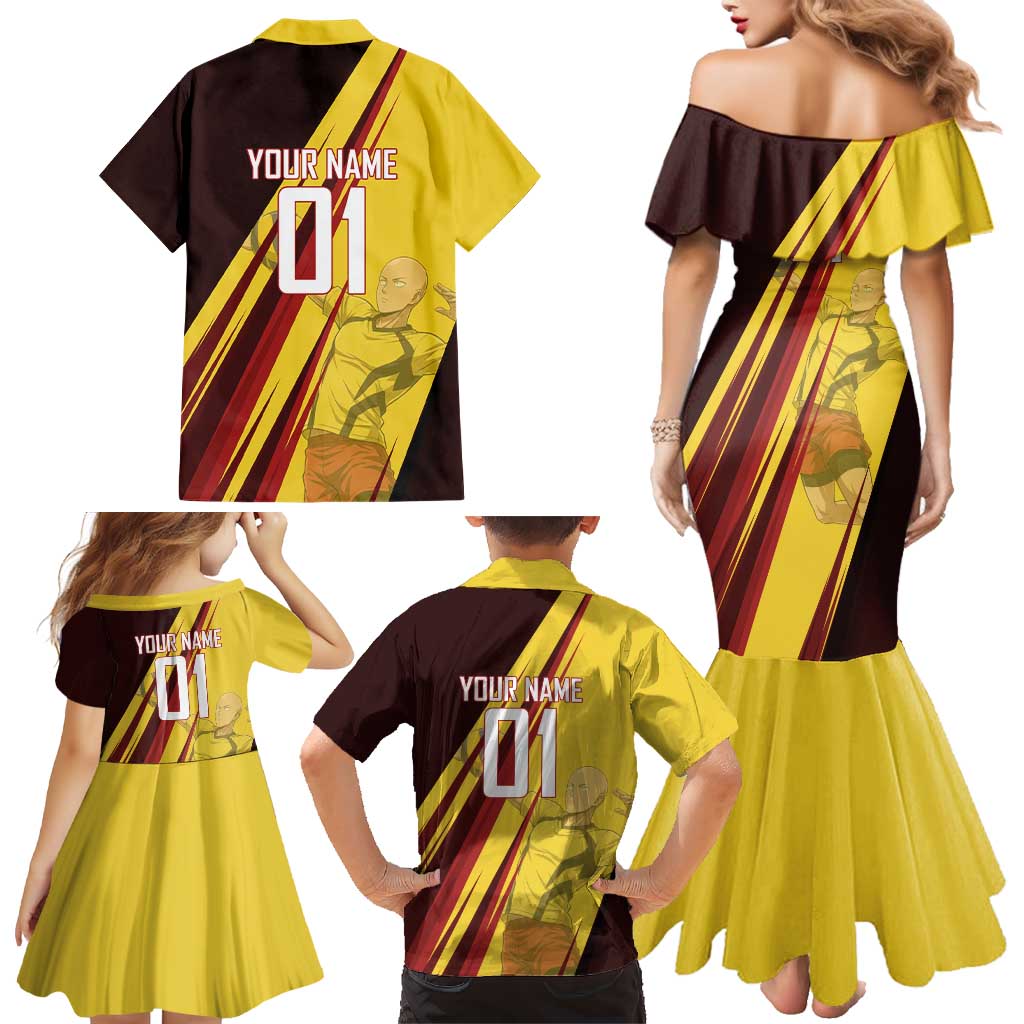 Personalized Saitama Volleyball Design Family Matching Mermaid Dress and Hawaiian Shirt with Yellow and Red Athletic Theme and Powerful Spike Pose