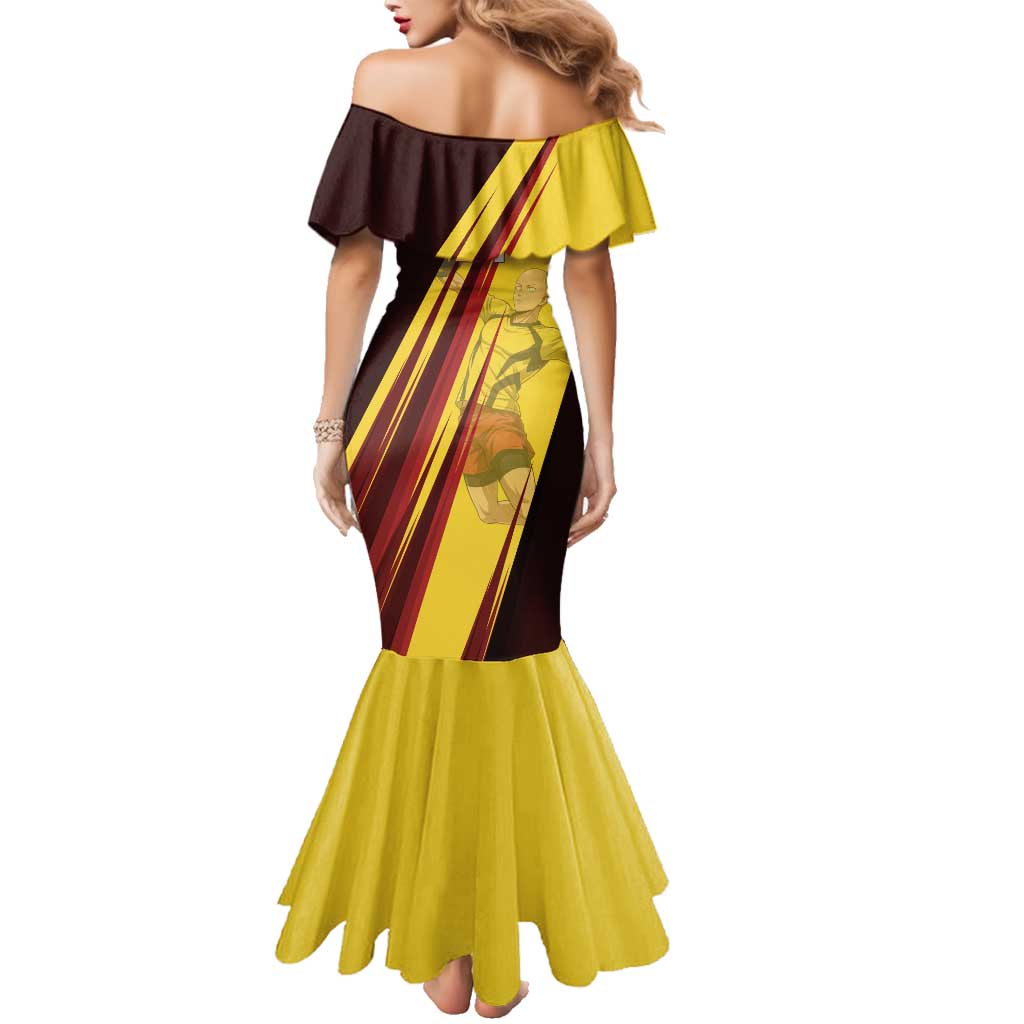 Personalized Saitama Volleyball Design Family Matching Mermaid Dress and Hawaiian Shirt with Yellow and Red Athletic Theme and Powerful Spike Pose