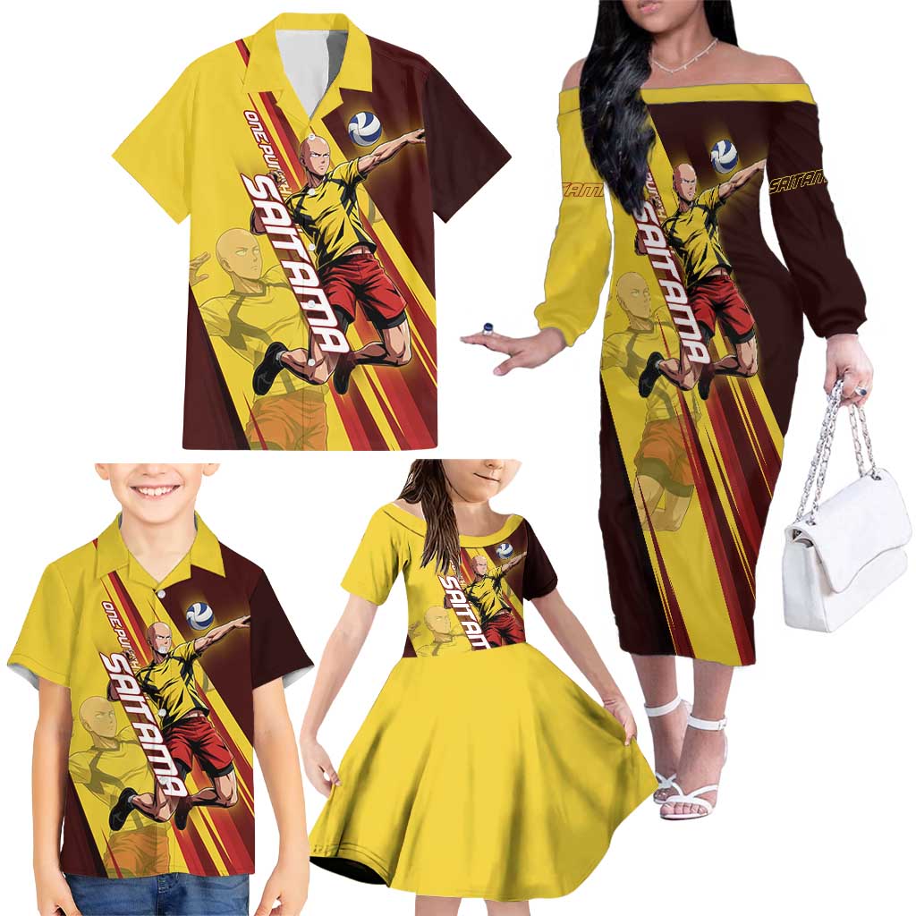 Personalized Saitama Volleyball Design Family Matching Off The Shoulder Long Sleeve Dress and Hawaiian Shirt with Yellow and Red Athletic Theme and Powerful Spike Pose