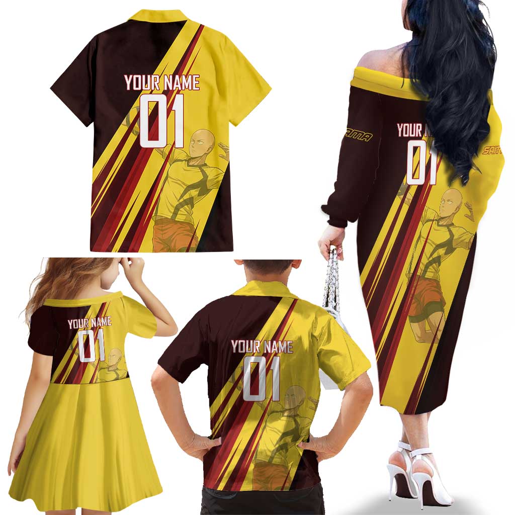 Personalized Saitama Volleyball Design Family Matching Off The Shoulder Long Sleeve Dress and Hawaiian Shirt with Yellow and Red Athletic Theme and Powerful Spike Pose