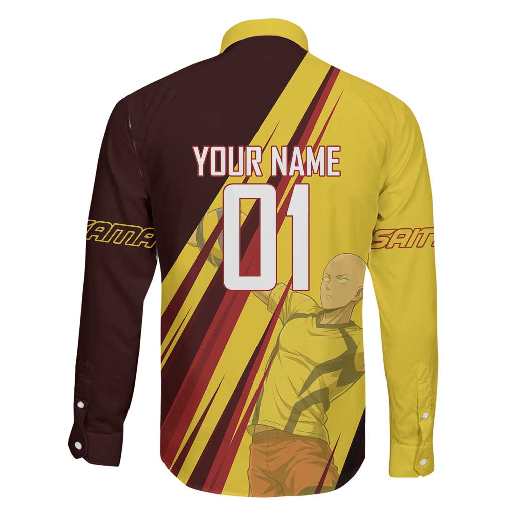 Personalized Saitama Volleyball Design Family Matching Off The Shoulder Long Sleeve Dress and Hawaiian Shirt with Yellow and Red Athletic Theme and Powerful Spike Pose