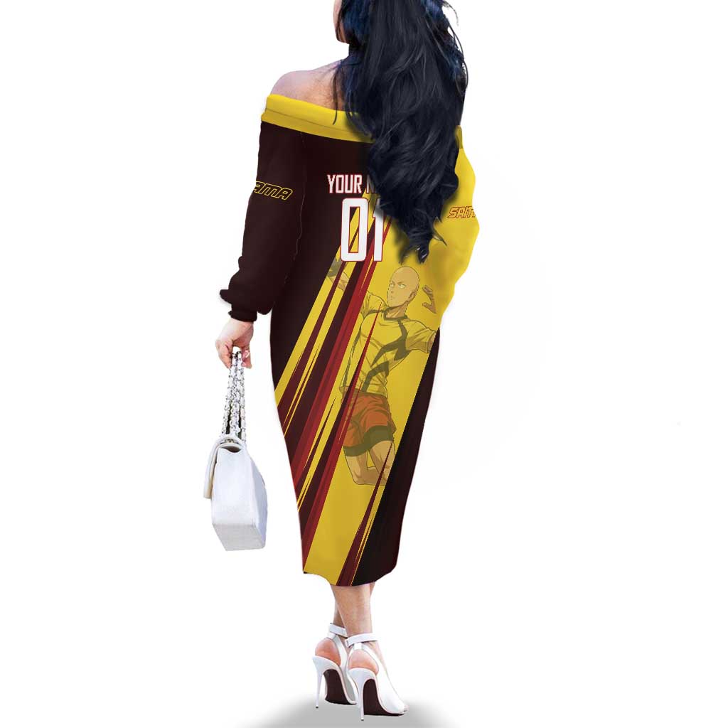 Personalized Saitama Volleyball Design Family Matching Off The Shoulder Long Sleeve Dress and Hawaiian Shirt with Yellow and Red Athletic Theme and Powerful Spike Pose
