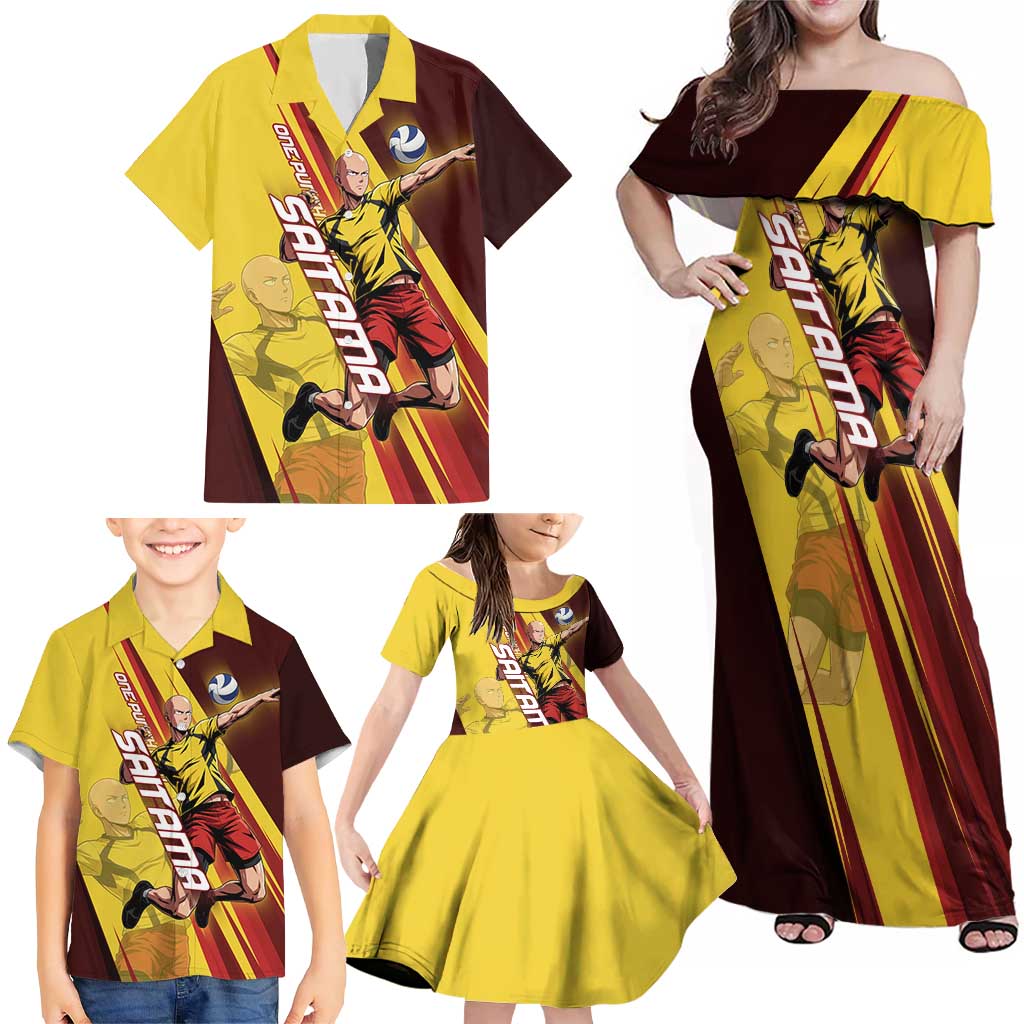 Personalized Saitama Volleyball Design Family Matching Off Shoulder Maxi Dress and Hawaiian Shirt with Yellow and Red Athletic Theme and Powerful Spike Pose