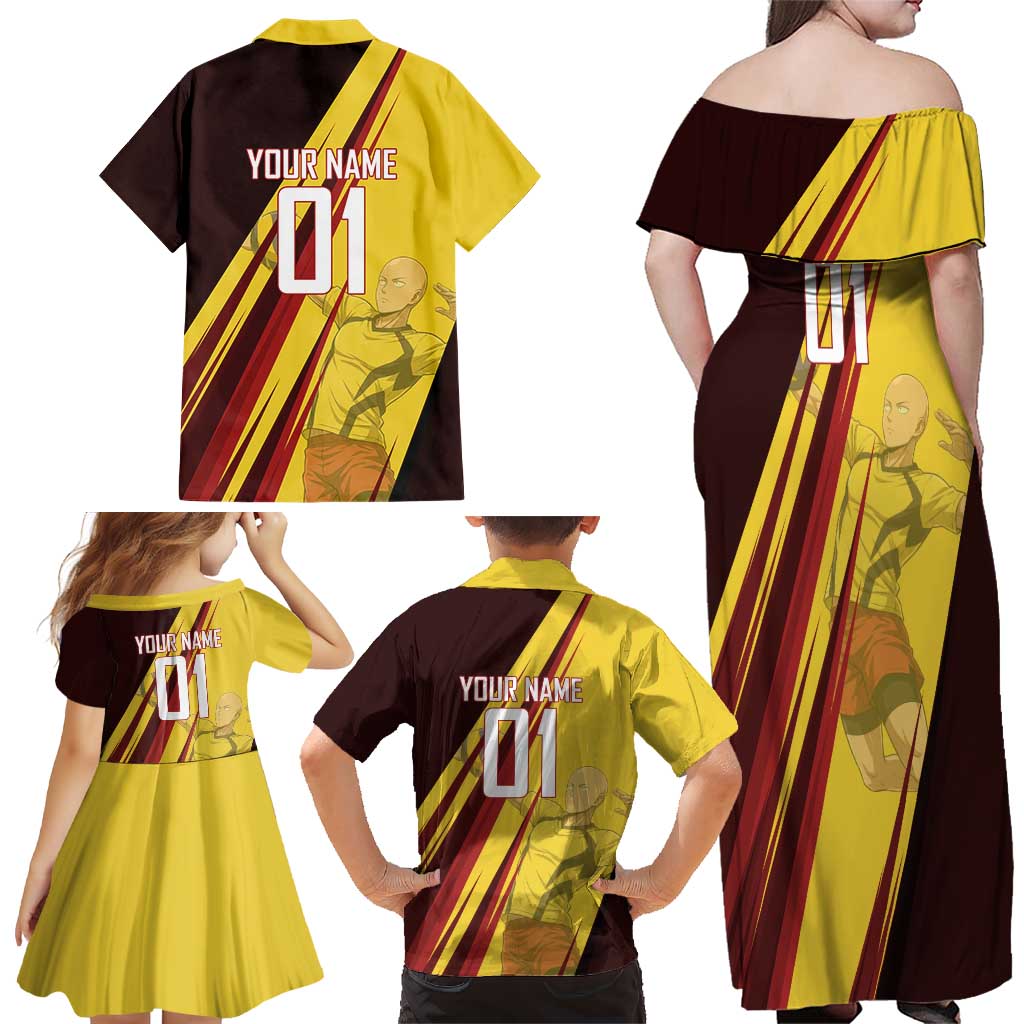 Personalized Saitama Volleyball Design Family Matching Off Shoulder Maxi Dress and Hawaiian Shirt with Yellow and Red Athletic Theme and Powerful Spike Pose