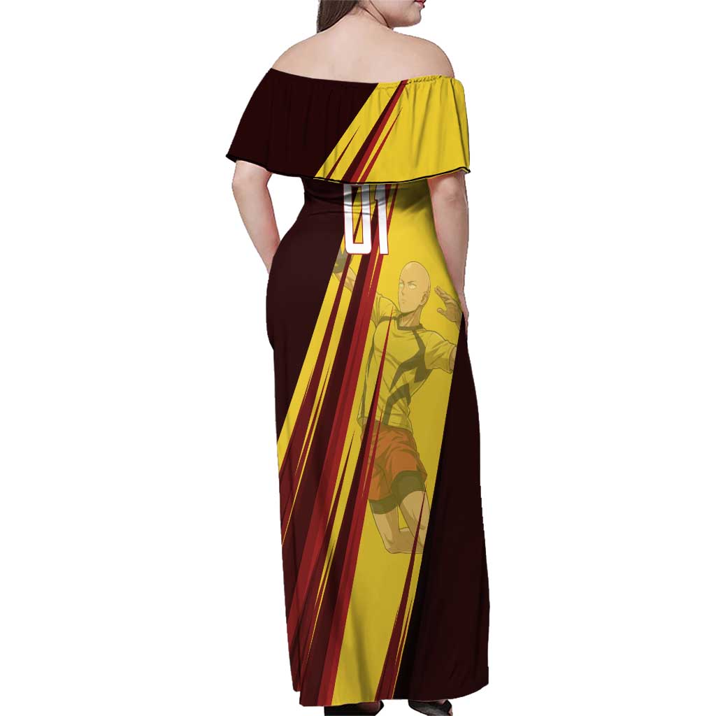 Personalized Saitama Volleyball Design Family Matching Off Shoulder Maxi Dress and Hawaiian Shirt with Yellow and Red Athletic Theme and Powerful Spike Pose