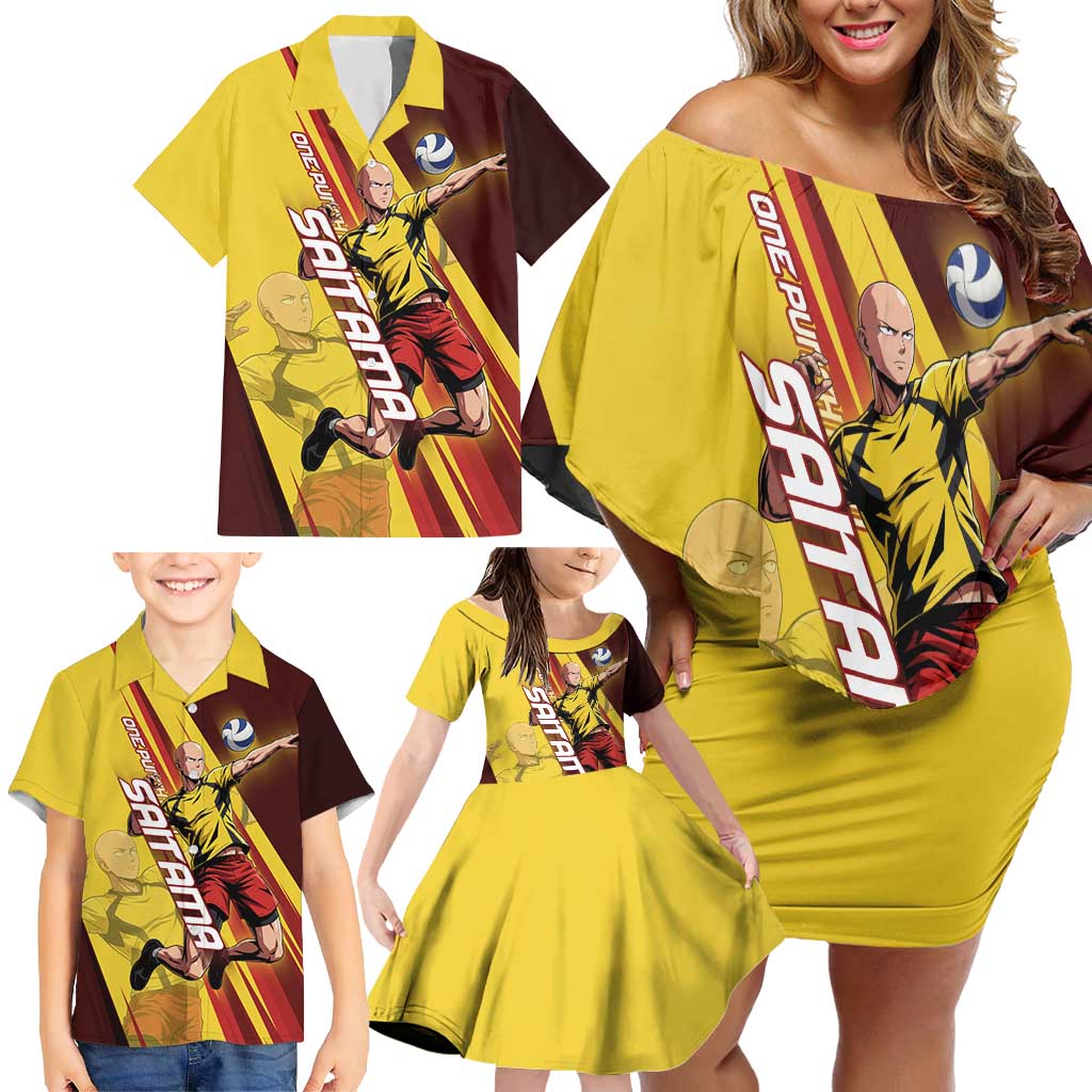 Personalized Saitama Volleyball Design Family Matching Off Shoulder Short Dress and Hawaiian Shirt with Yellow and Red Athletic Theme and Powerful Spike Pose
