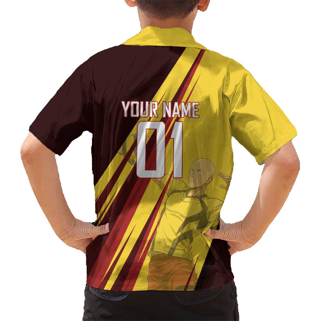 Personalized Saitama Volleyball Design Family Matching Off Shoulder Short Dress and Hawaiian Shirt with Yellow and Red Athletic Theme and Powerful Spike Pose
