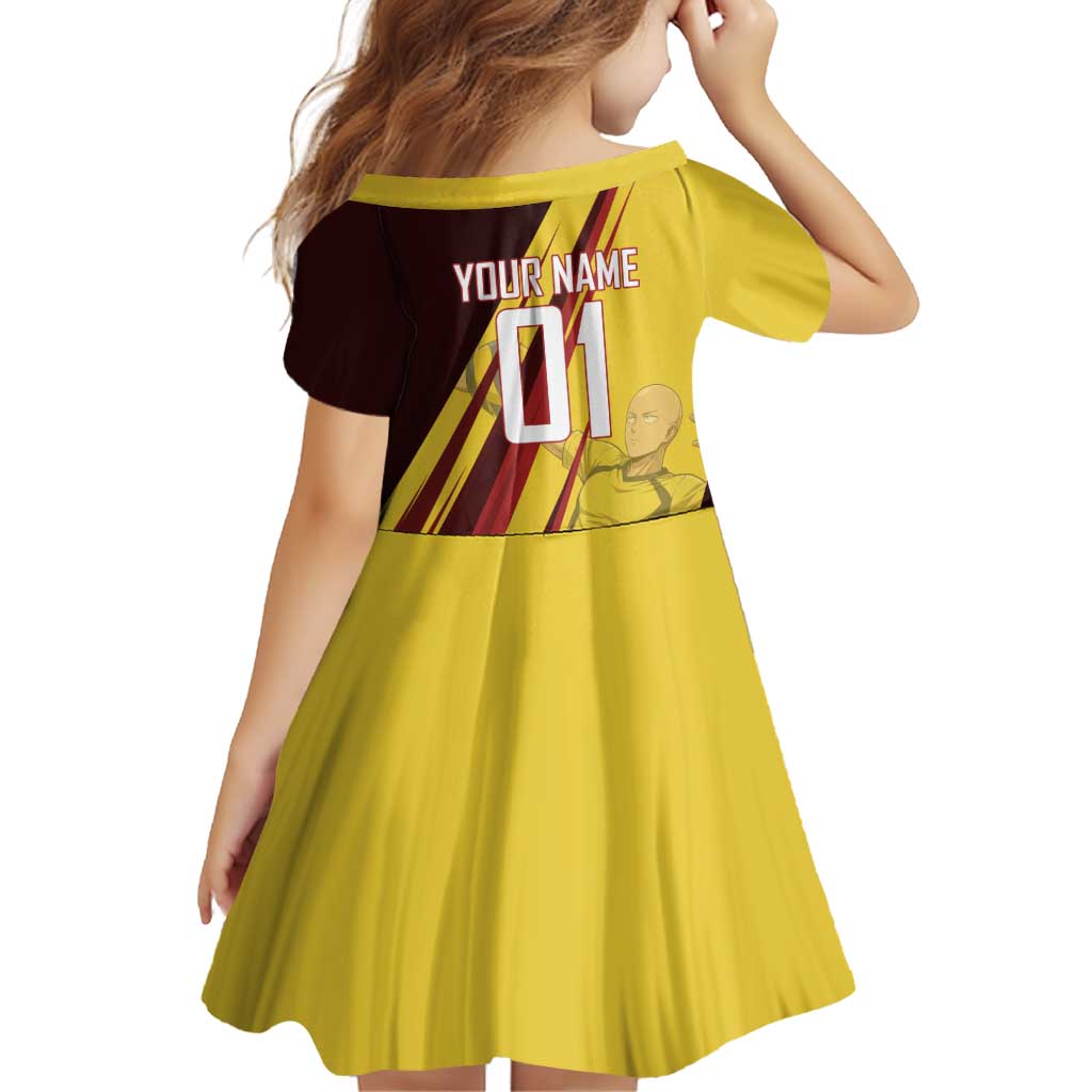 Personalized Saitama Volleyball Design Family Matching Off Shoulder Short Dress and Hawaiian Shirt with Yellow and Red Athletic Theme and Powerful Spike Pose