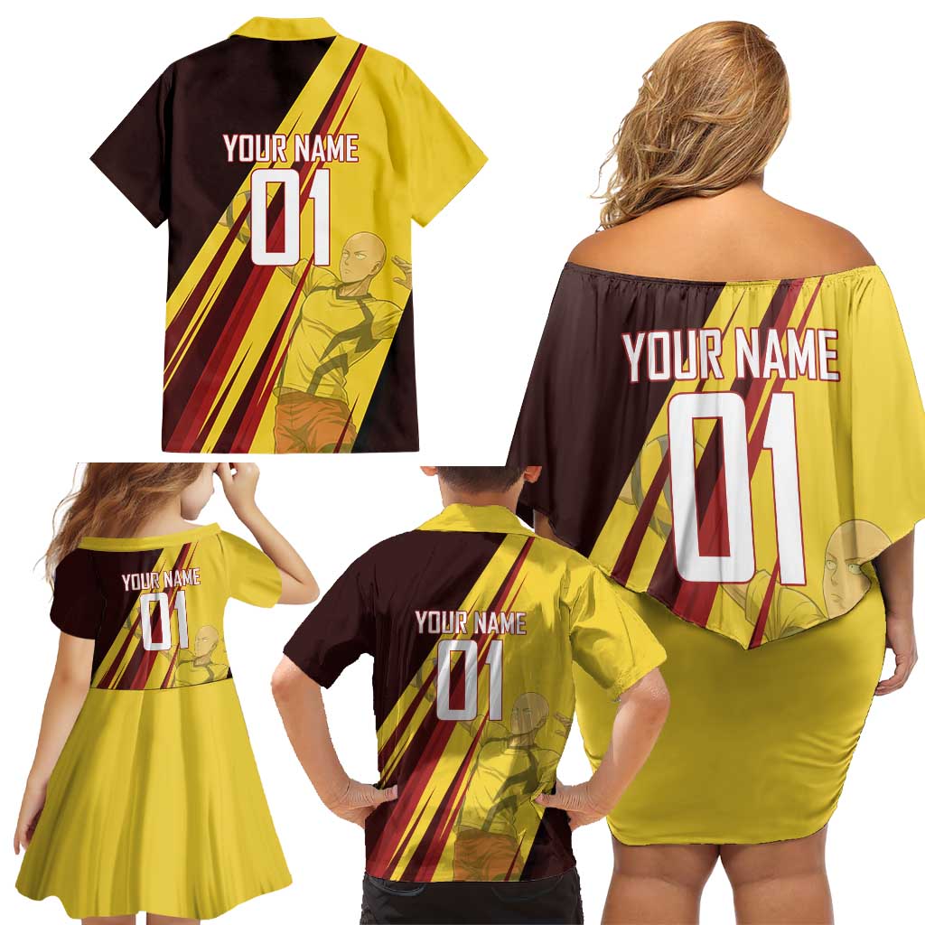 Personalized Saitama Volleyball Design Family Matching Off Shoulder Short Dress and Hawaiian Shirt with Yellow and Red Athletic Theme and Powerful Spike Pose