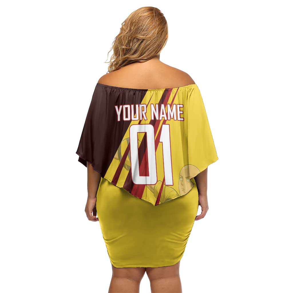 Personalized Saitama Volleyball Design Family Matching Off Shoulder Short Dress and Hawaiian Shirt with Yellow and Red Athletic Theme and Powerful Spike Pose