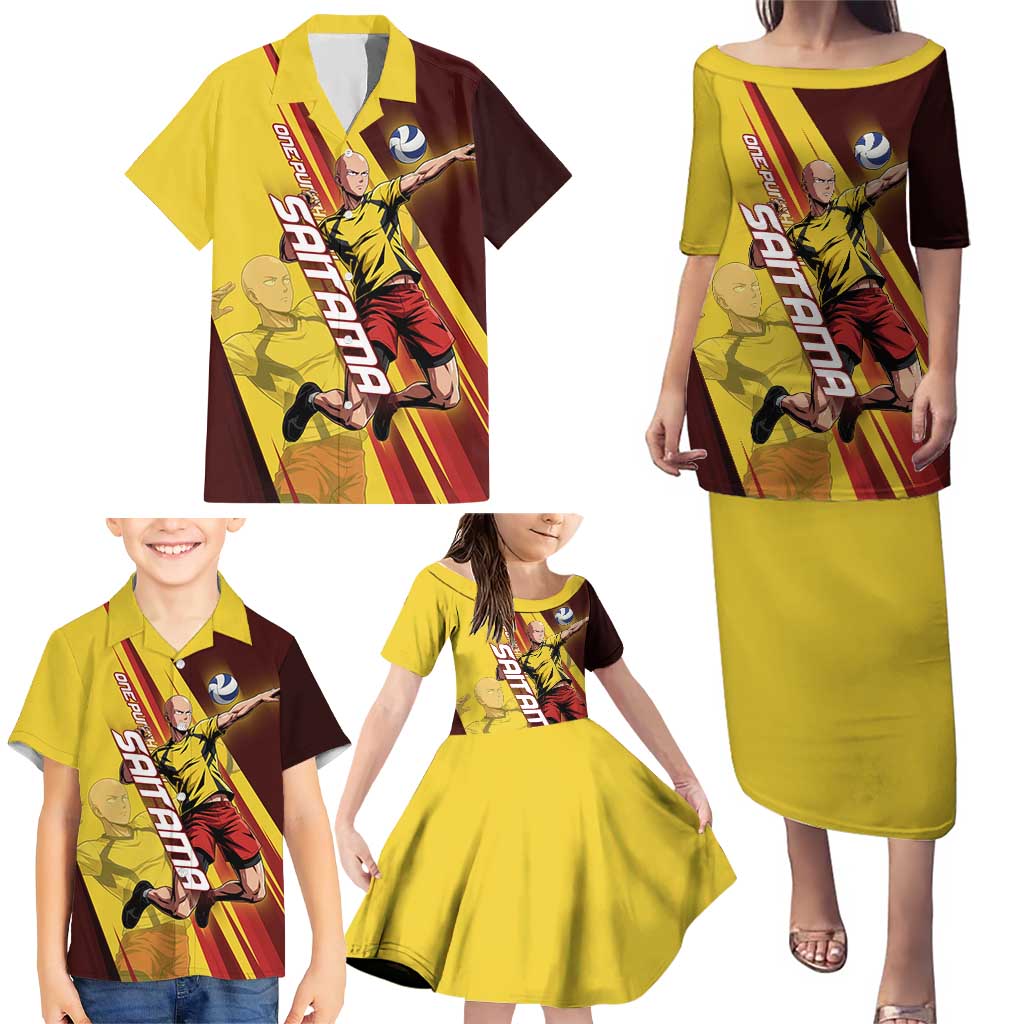 Personalized Saitama Volleyball Design Family Matching Puletasi and Hawaiian Shirt with Yellow and Red Athletic Theme and Powerful Spike Pose