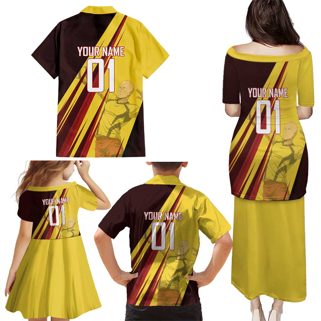 Personalized Saitama Volleyball Design Family Matching Puletasi and Hawaiian Shirt with Yellow and Red Athletic Theme and Powerful Spike Pose