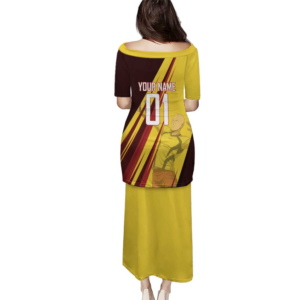 Personalized Saitama Volleyball Design Family Matching Puletasi and Hawaiian Shirt with Yellow and Red Athletic Theme and Powerful Spike Pose