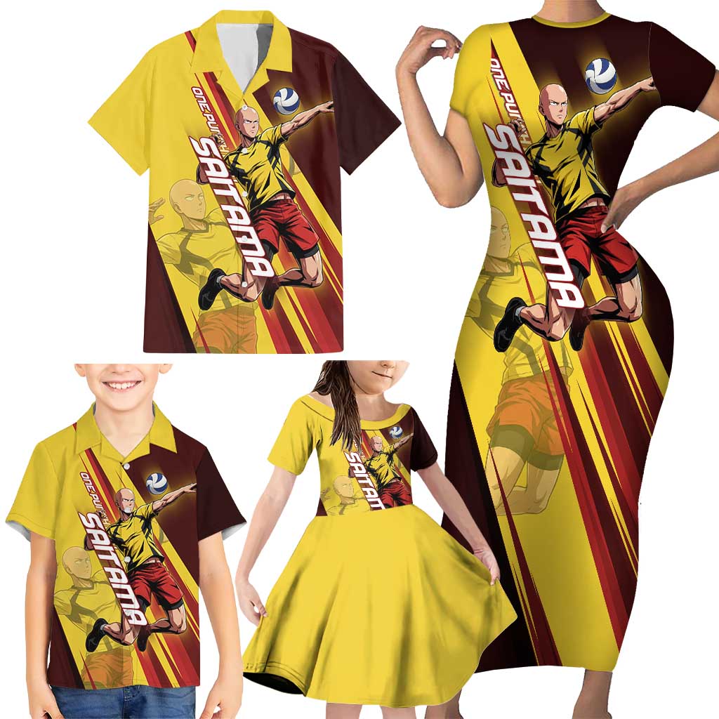 Personalized Saitama Volleyball Design Family Matching Short Sleeve Bodycon Dress and Hawaiian Shirt with Yellow and Red Athletic Theme and Powerful Spike Pose