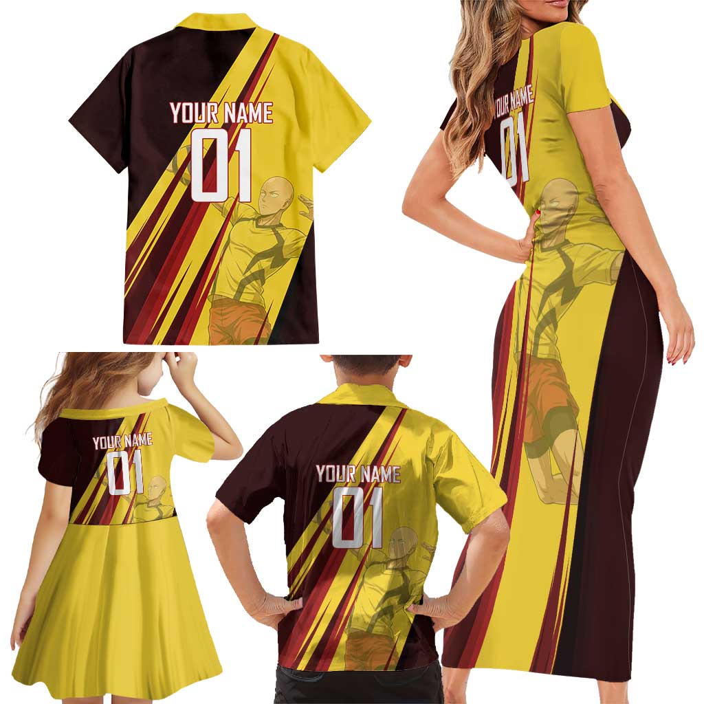 Personalized Saitama Volleyball Design Family Matching Short Sleeve Bodycon Dress and Hawaiian Shirt with Yellow and Red Athletic Theme and Powerful Spike Pose
