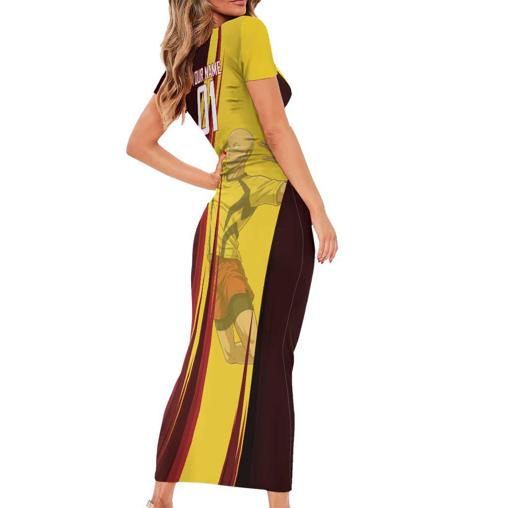 Personalized Saitama Volleyball Design Family Matching Short Sleeve Bodycon Dress and Hawaiian Shirt with Yellow and Red Athletic Theme and Powerful Spike Pose