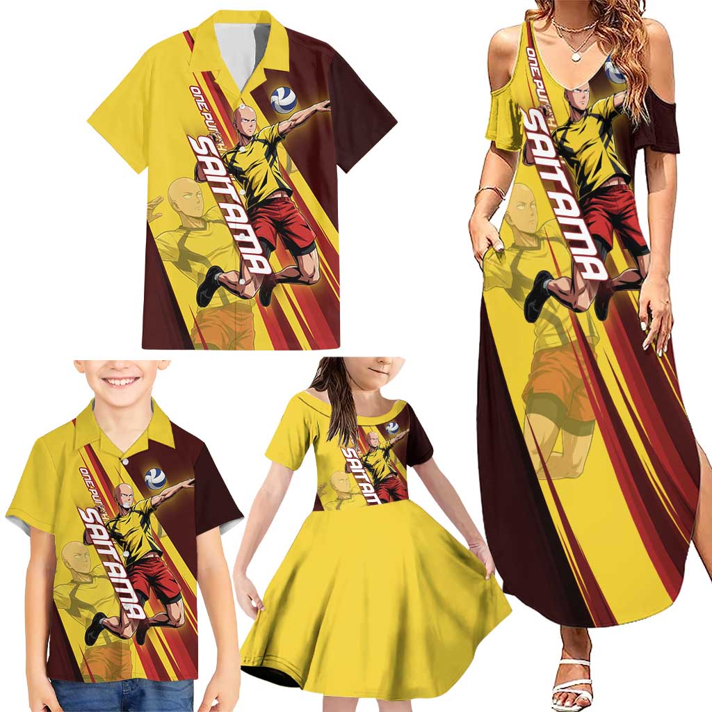Personalized Saitama Volleyball Design Family Matching Summer Maxi Dress and Hawaiian Shirt with Yellow and Red Athletic Theme and Powerful Spike Pose