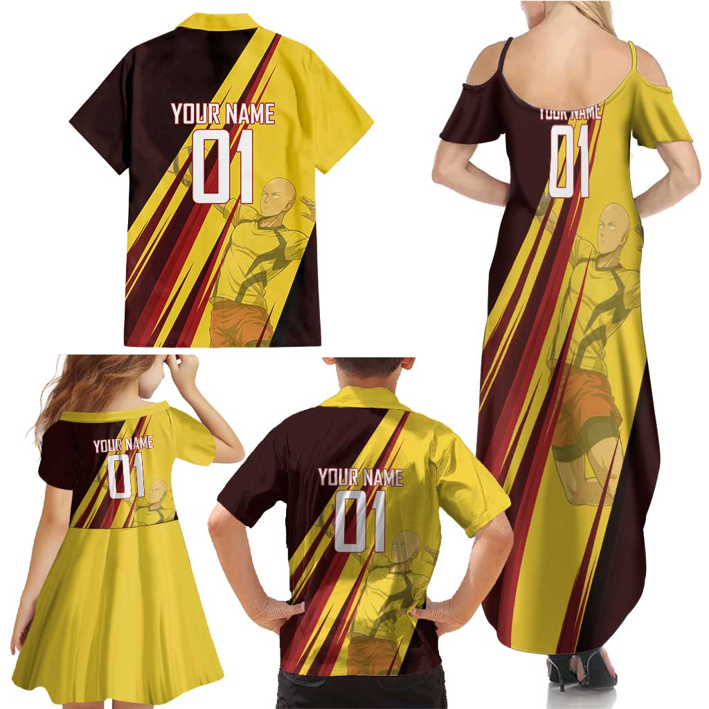 Personalized Saitama Volleyball Design Family Matching Summer Maxi Dress and Hawaiian Shirt with Yellow and Red Athletic Theme and Powerful Spike Pose
