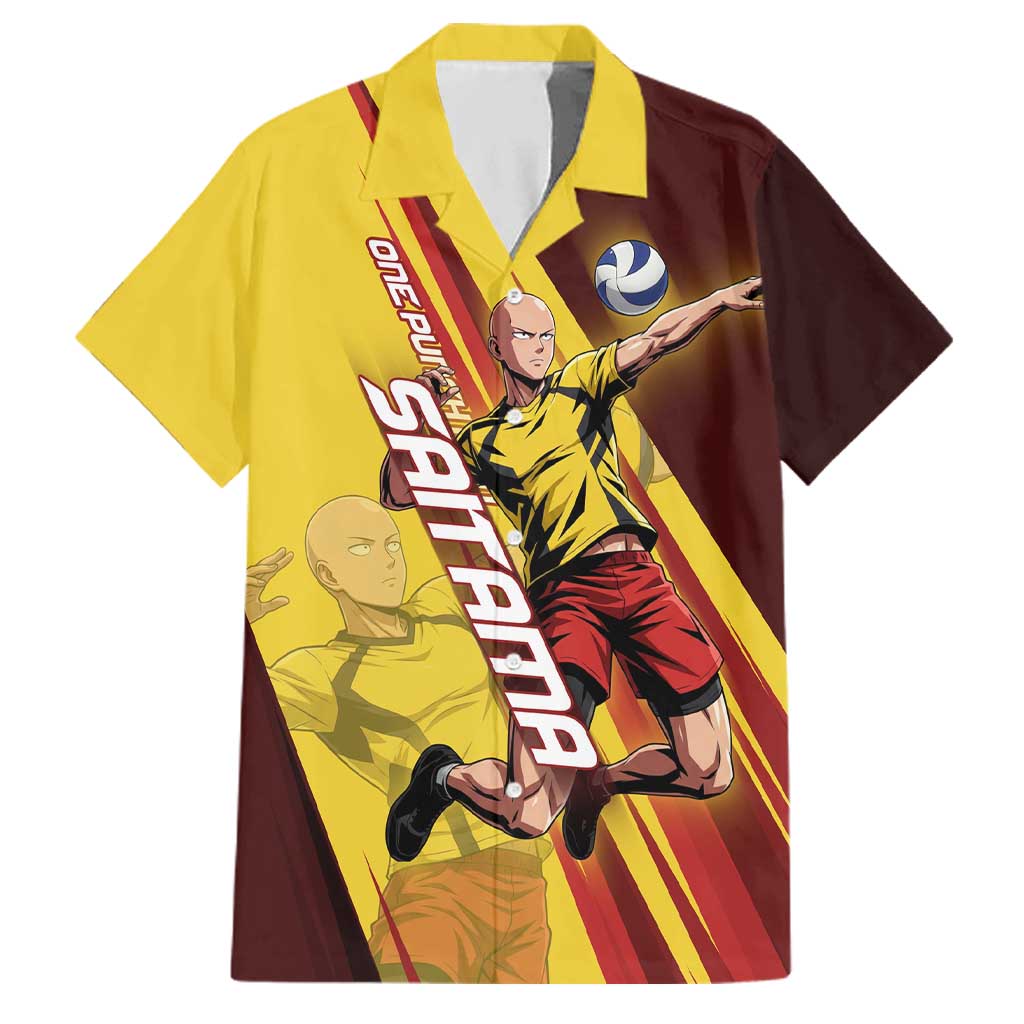 Personalized Saitama Volleyball Design Family Matching Summer Maxi Dress and Hawaiian Shirt with Yellow and Red Athletic Theme and Powerful Spike Pose