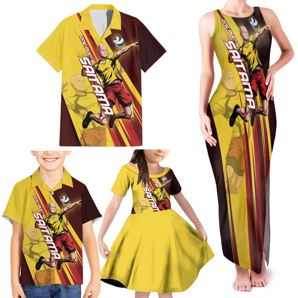 Personalized Saitama Volleyball Design Family Matching Tank Maxi Dress and Hawaiian Shirt with Yellow and Red Athletic Theme and Powerful Spike Pose
