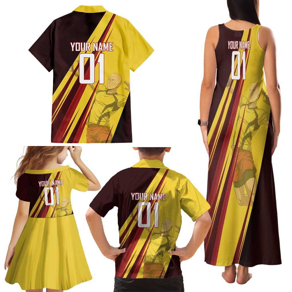 Personalized Saitama Volleyball Design Family Matching Tank Maxi Dress and Hawaiian Shirt with Yellow and Red Athletic Theme and Powerful Spike Pose