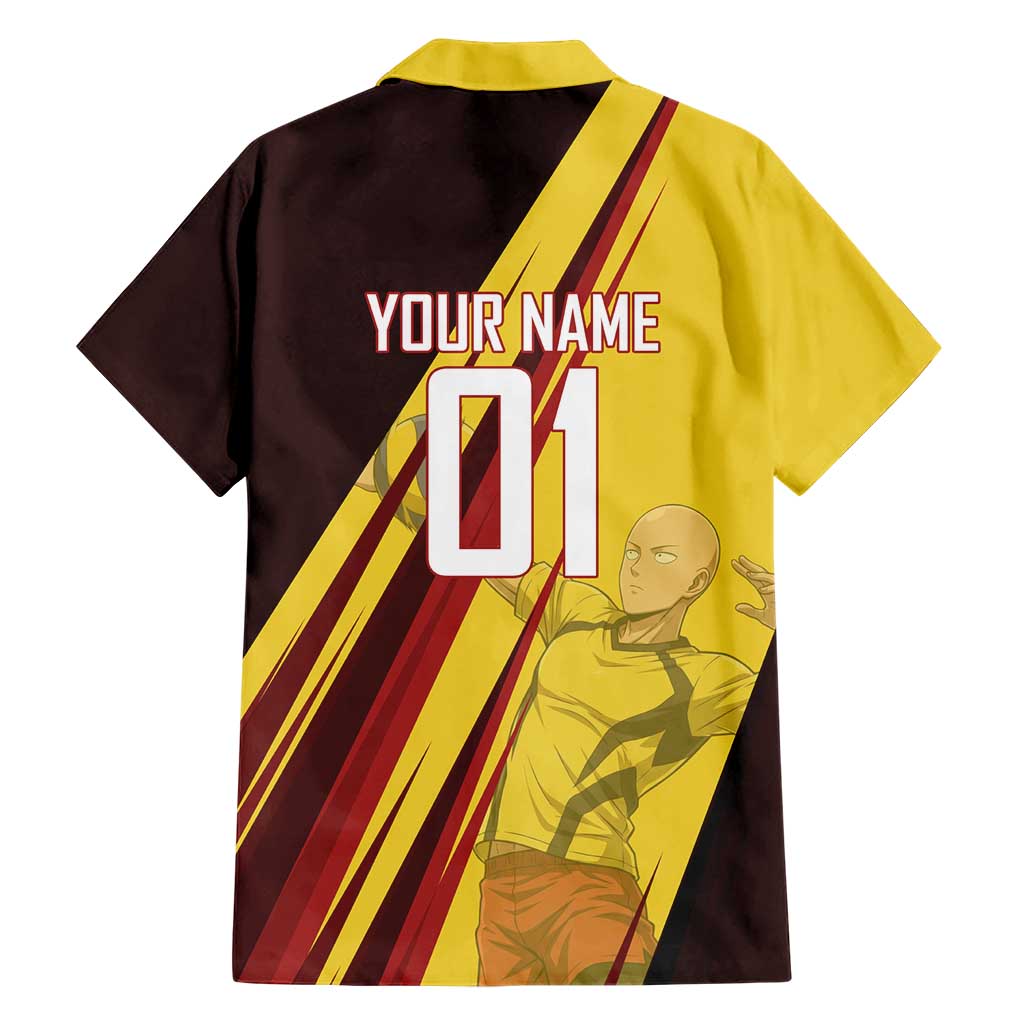 Personalized Saitama Volleyball Design Family Matching Tank Maxi Dress and Hawaiian Shirt with Yellow and Red Athletic Theme and Powerful Spike Pose