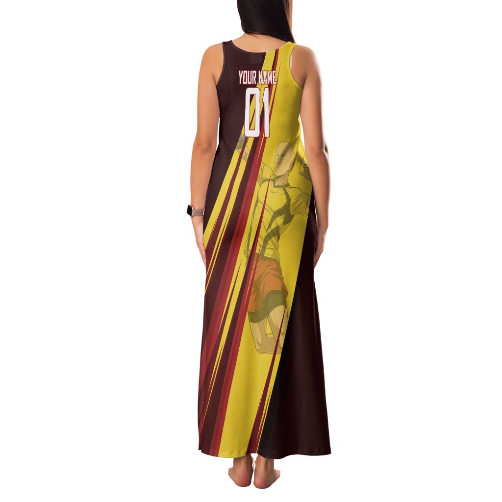 Personalized Saitama Volleyball Design Family Matching Tank Maxi Dress and Hawaiian Shirt with Yellow and Red Athletic Theme and Powerful Spike Pose