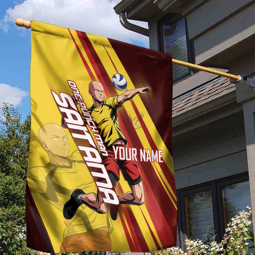 Personalized Saitama Volleyball Design Garden Flag with Yellow and Red Athletic Theme and Powerful Spike Pose