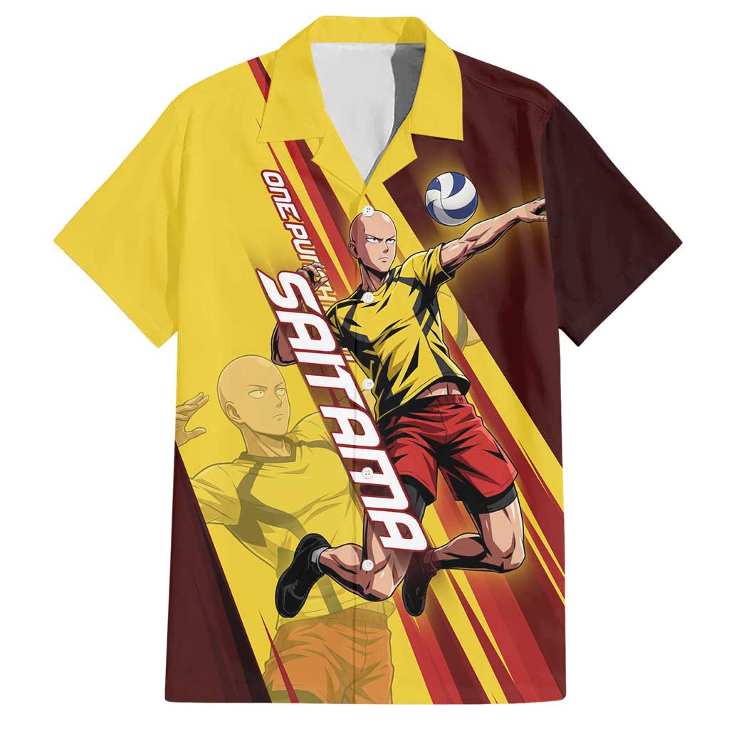 Personalized Saitama Volleyball Design Hawaiian Shirt with Yellow and Red Athletic Theme and Powerful Spike Pose