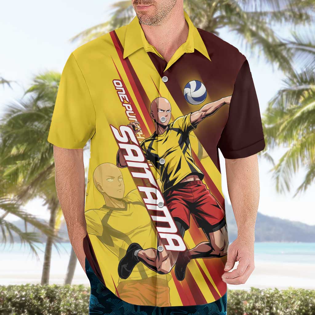 Personalized Saitama Volleyball Design Hawaiian Shirt with Yellow and Red Athletic Theme and Powerful Spike Pose
