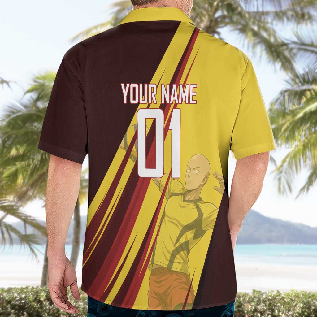 Personalized Saitama Volleyball Design Hawaiian Shirt with Yellow and Red Athletic Theme and Powerful Spike Pose
