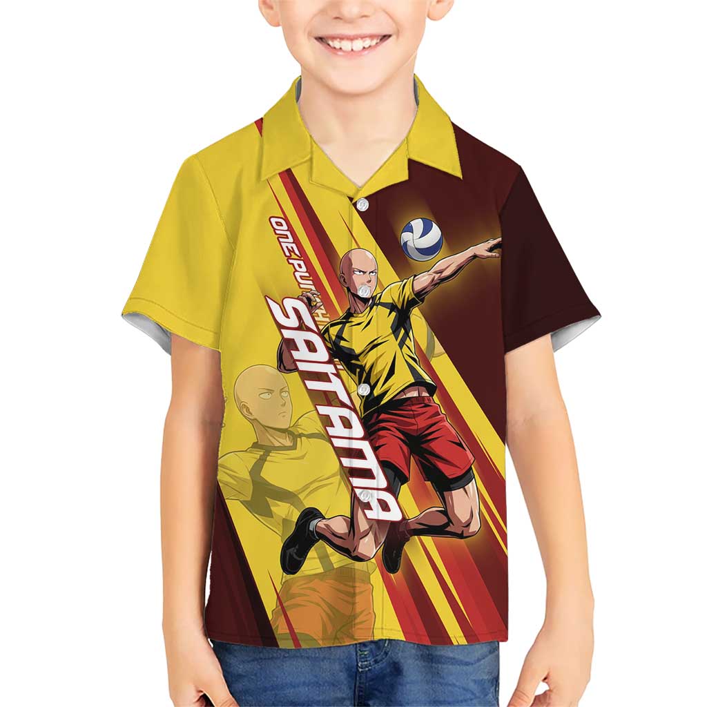 Personalized Saitama Volleyball Design Hawaiian Shirt with Yellow and Red Athletic Theme and Powerful Spike Pose