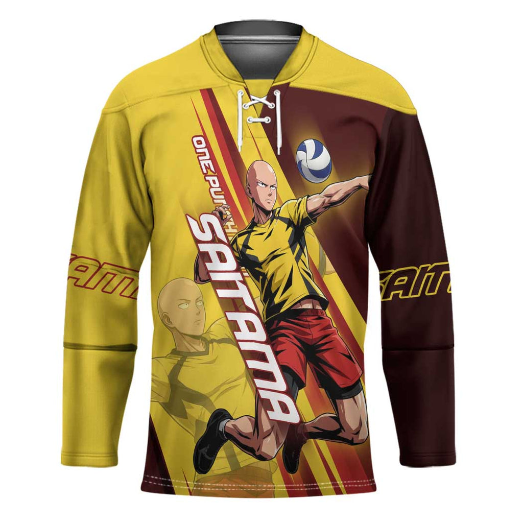 Personalized Saitama Volleyball Design Hockey Jersey with Yellow and Red Athletic Theme and Powerful Spike Pose