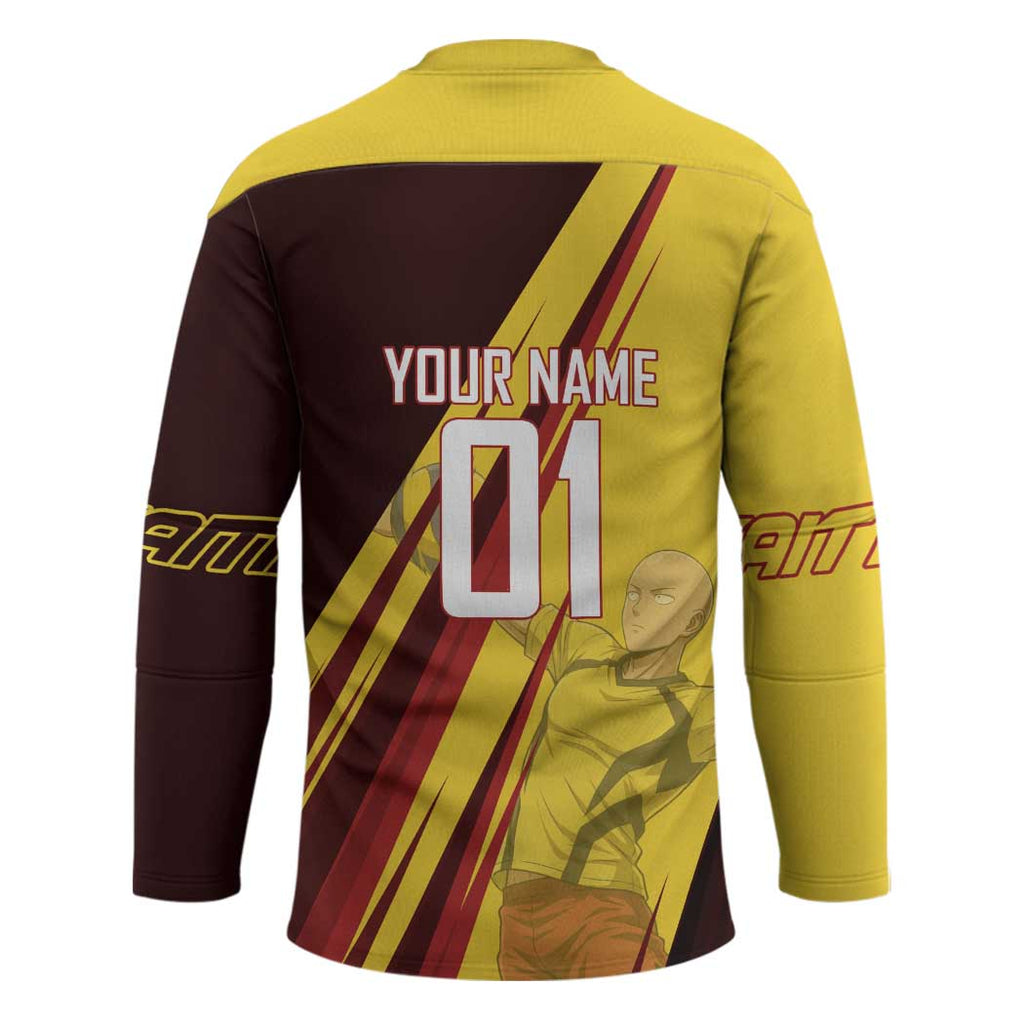 Personalized Saitama Volleyball Design Hockey Jersey with Yellow and Red Athletic Theme and Powerful Spike Pose