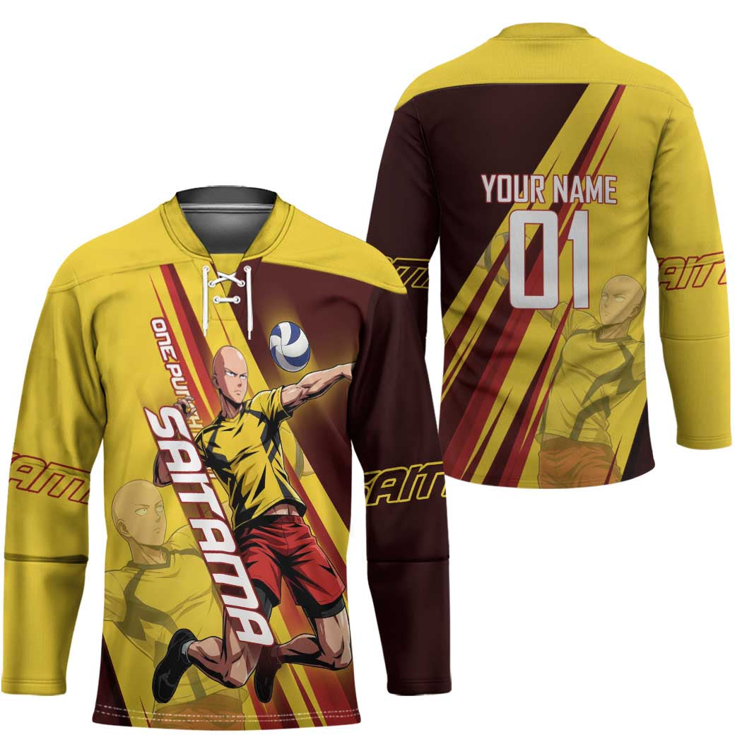 Personalized Saitama Volleyball Design Hockey Jersey with Yellow and Red Athletic Theme and Powerful Spike Pose