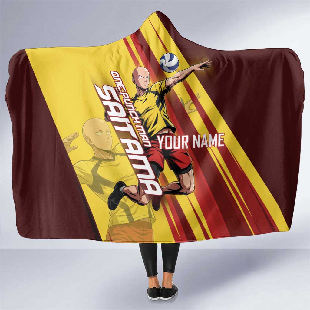 Personalized Saitama Volleyball Design Hooded Blanket with Yellow and Red Athletic Theme and Powerful Spike Pose