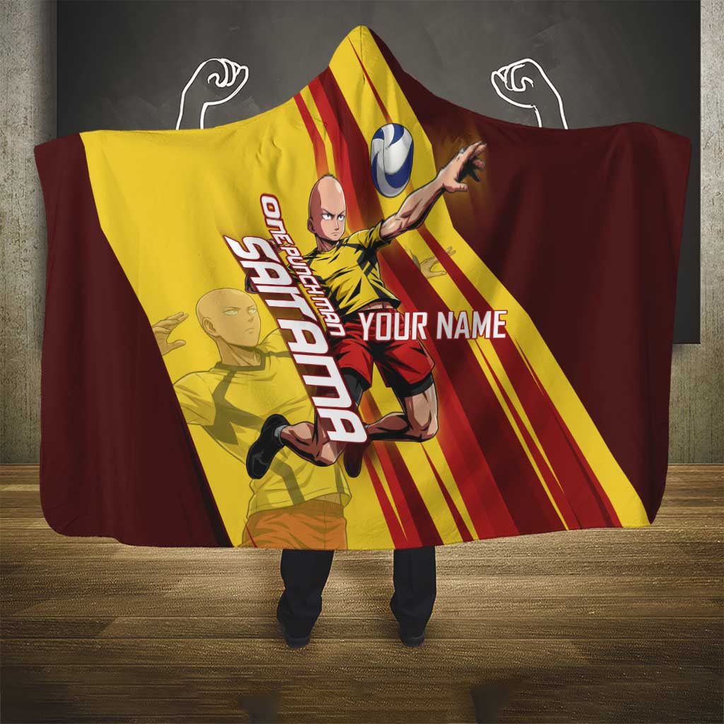 Personalized Saitama Volleyball Design Hooded Blanket with Yellow and Red Athletic Theme and Powerful Spike Pose