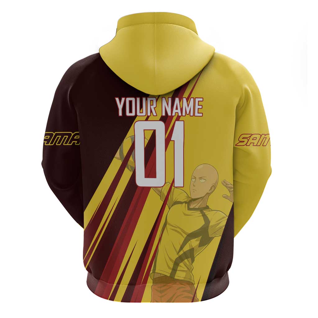 Personalized Saitama Volleyball Design Hoodie with Yellow and Red Athletic Theme and Powerful Spike Pose