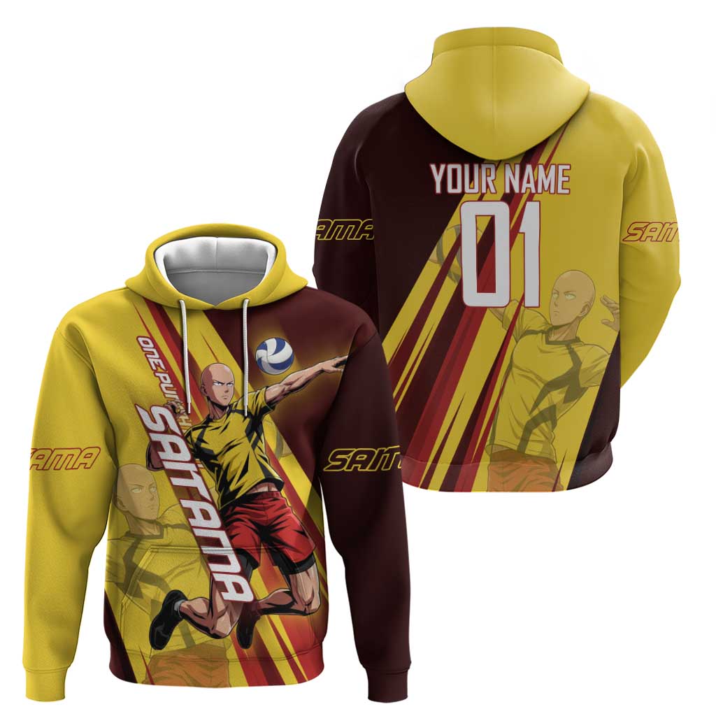Personalized Saitama Volleyball Design Hoodie with Yellow and Red Athletic Theme and Powerful Spike Pose