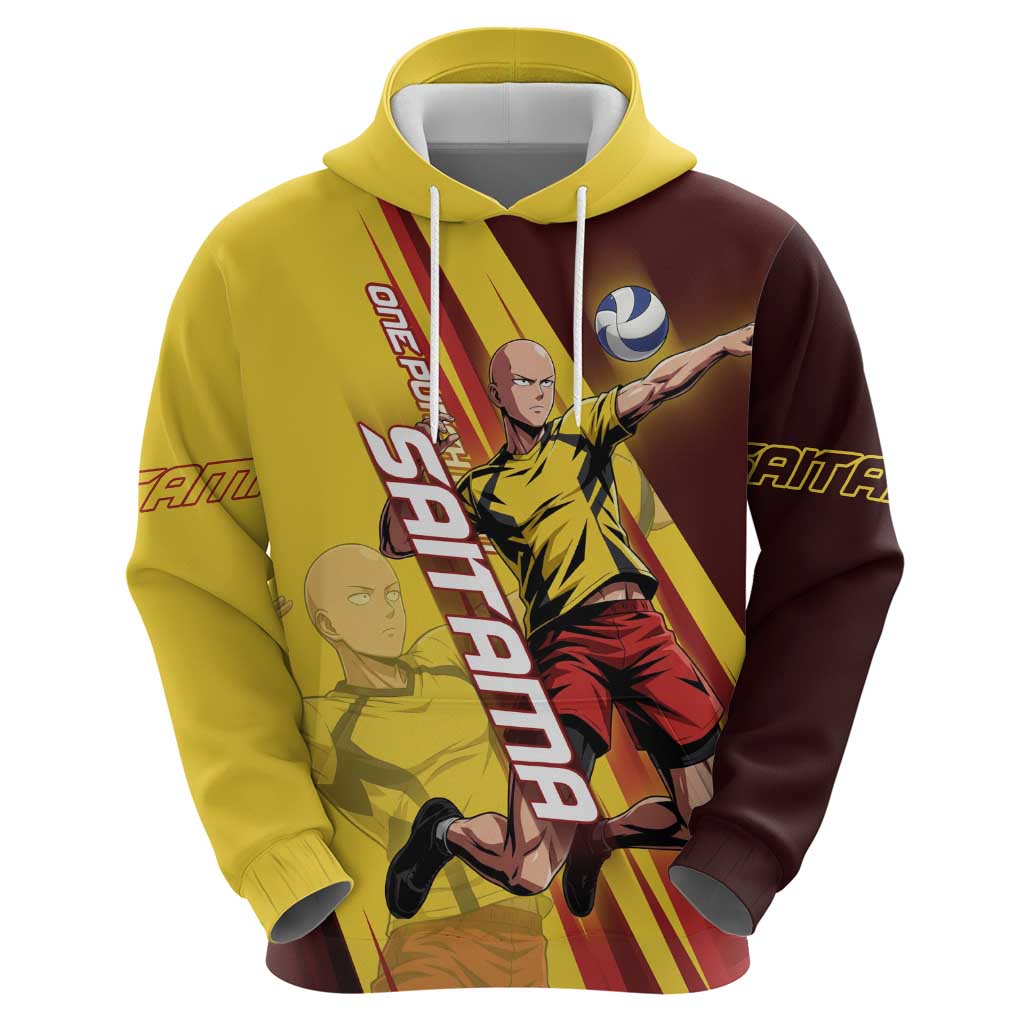 Personalized Saitama Volleyball Design Hoodie with Yellow and Red Athletic Theme and Powerful Spike Pose