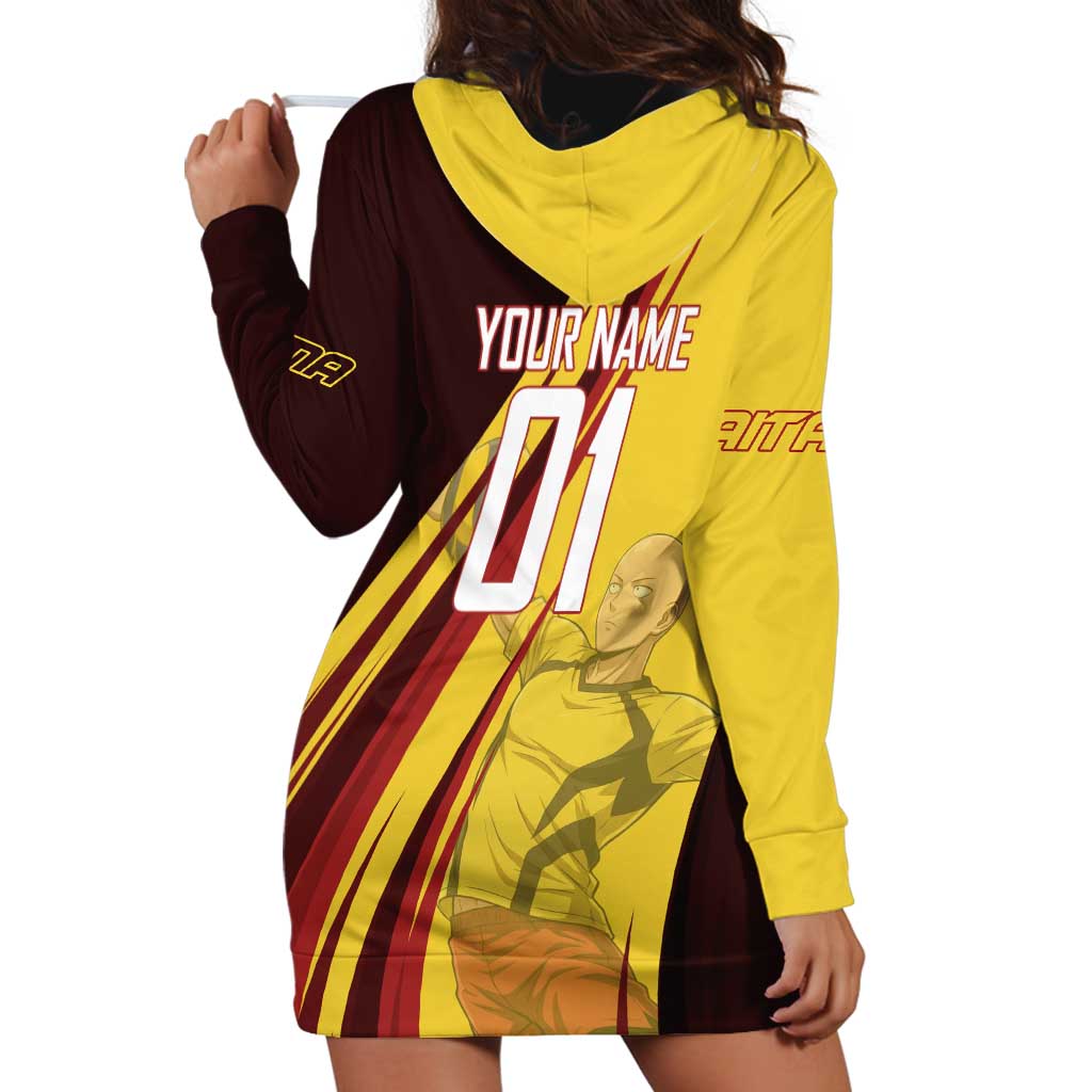 Personalized Saitama Volleyball Design Hoodie Dress with Yellow and Red Athletic Theme and Powerful Spike Pose