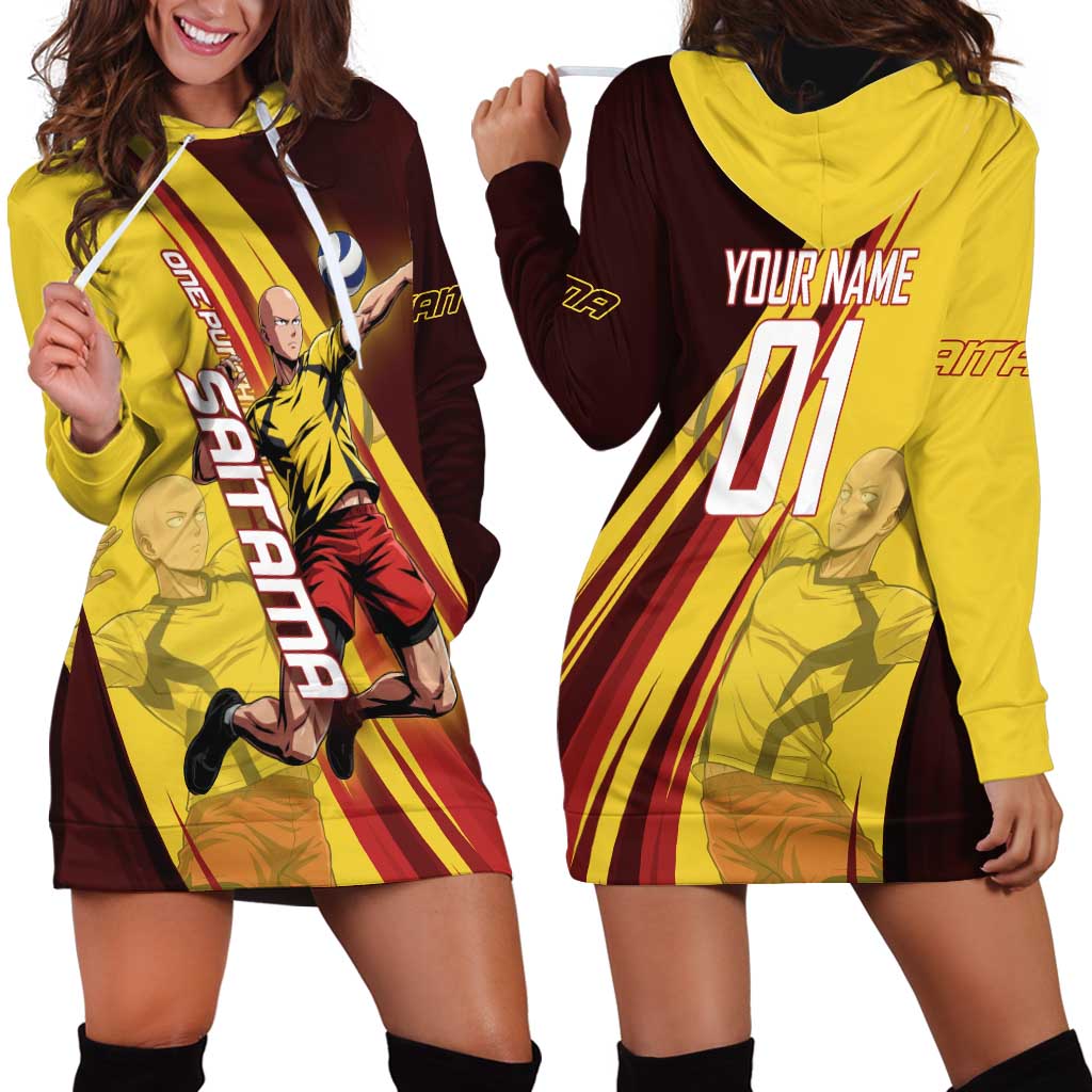 Personalized Saitama Volleyball Design Hoodie Dress with Yellow and Red Athletic Theme and Powerful Spike Pose