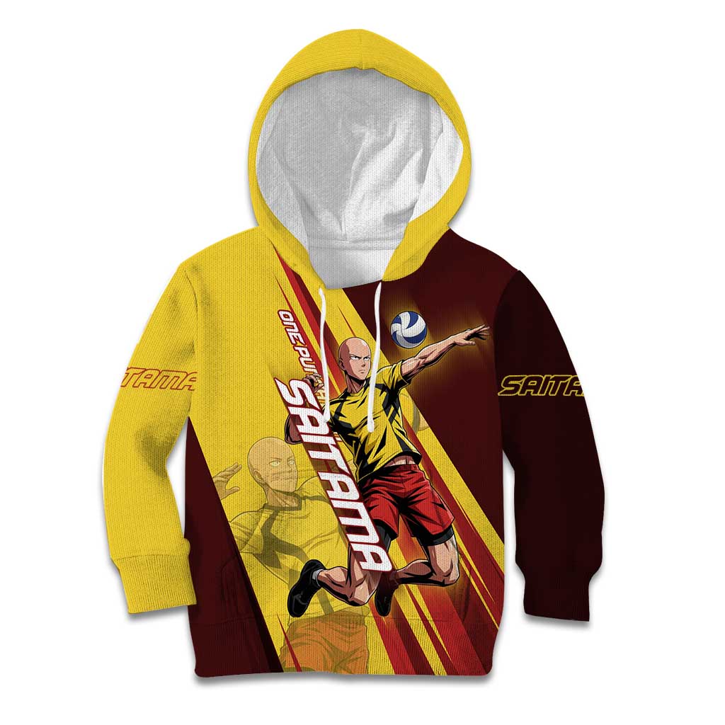 Personalized Saitama Volleyball Design Kid Hoodie with Yellow and Red Athletic Theme and Powerful Spike Pose