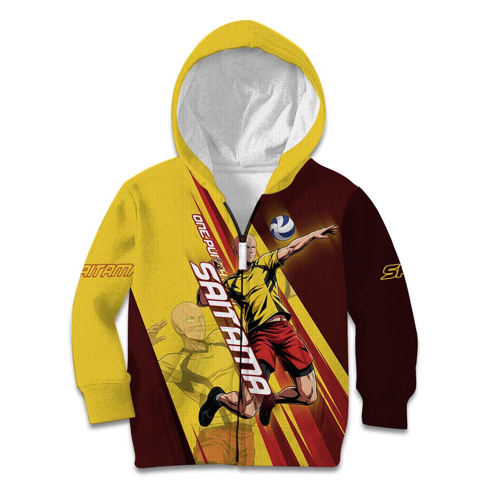 Personalized Saitama Volleyball Design Kid Hoodie with Yellow and Red Athletic Theme and Powerful Spike Pose