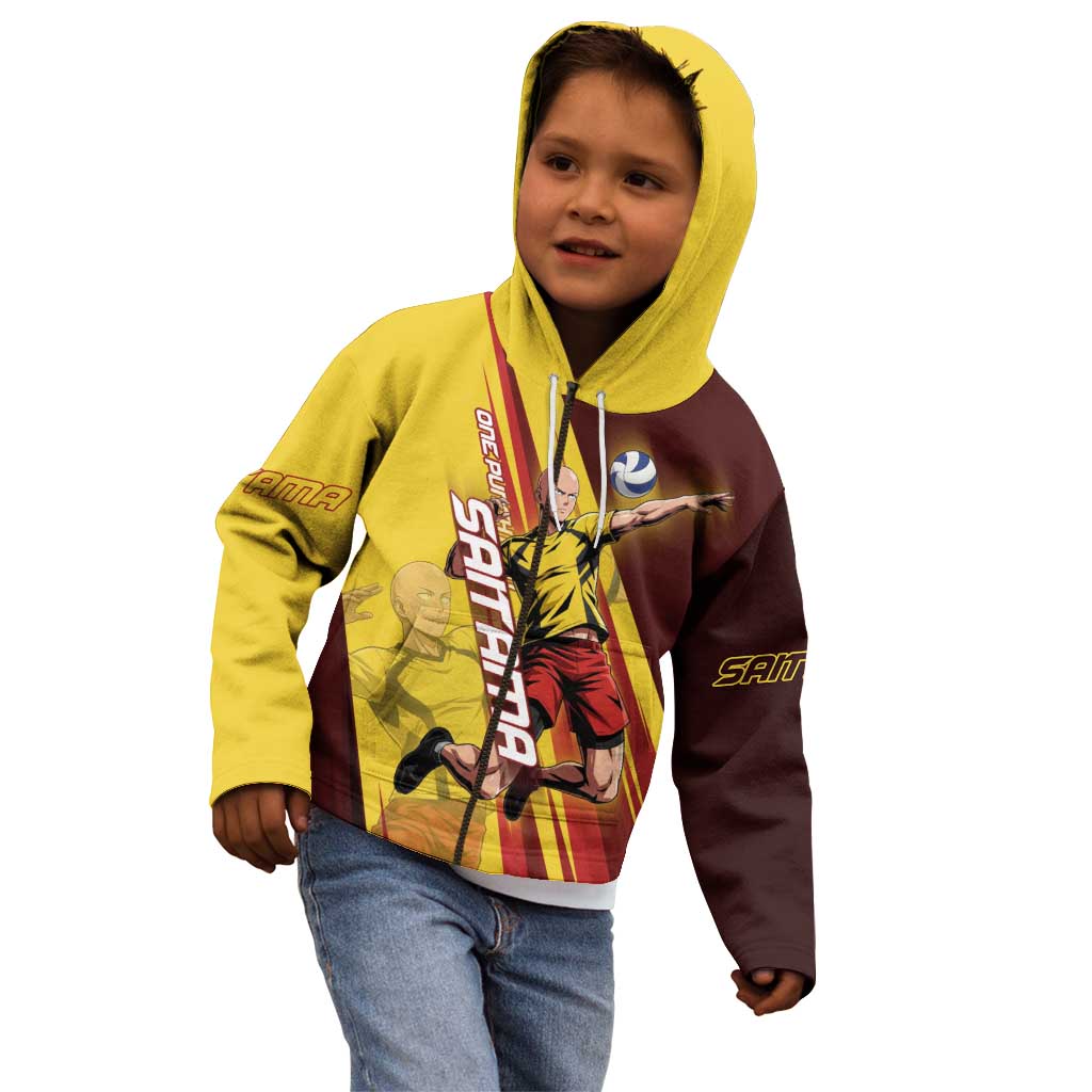 Personalized Saitama Volleyball Design Kid Hoodie with Yellow and Red Athletic Theme and Powerful Spike Pose