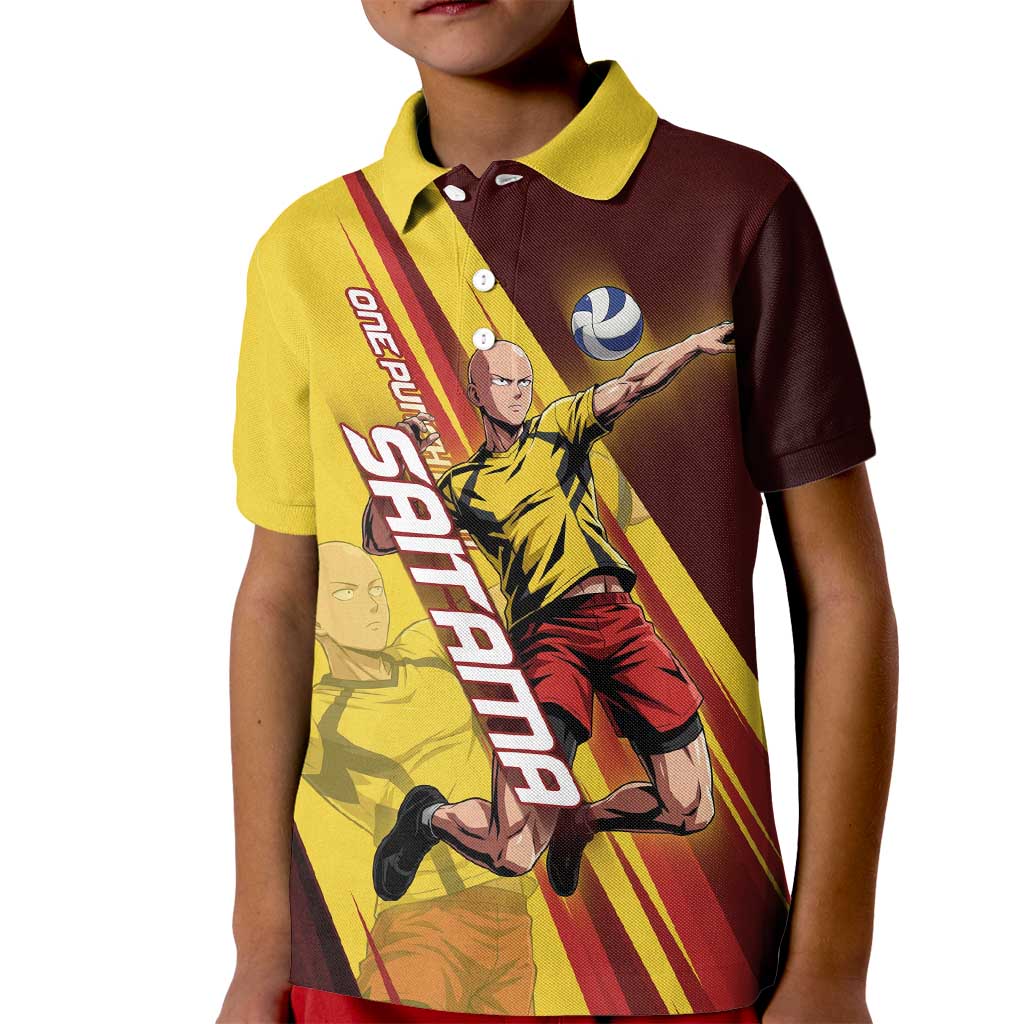 Personalized Saitama Volleyball Design Kid Polo Shirt with Yellow and Red Athletic Theme and Powerful Spike Pose